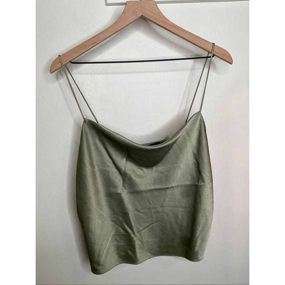 Alice + Olivia Harmon Satin Tank Top | Green in Large - Picture 2 of 7